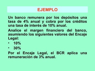 EJEMPLO Un banco remunera por los depósitos una tasa de 4% anual y cobra por los créditos una tasa de interés de 10% anual. Analice el margen financiero del banco, asumiendo los siguientes valores del Encaje Legal: 10% 30% Por el Encaje Legal, el BCR aplica una remuneración de 3% anual. 