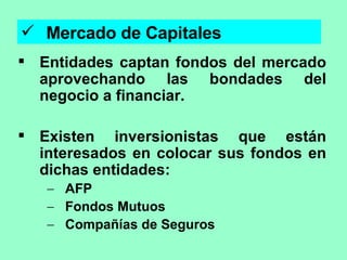 Mercado de Capitales Entidades captan fondos del mercado aprovechando las bondades del negocio a financiar. Existen inversionistas que están interesados en colocar sus fondos en dichas entidades: AFP Fondos Mutuos Compañías de Seguros 