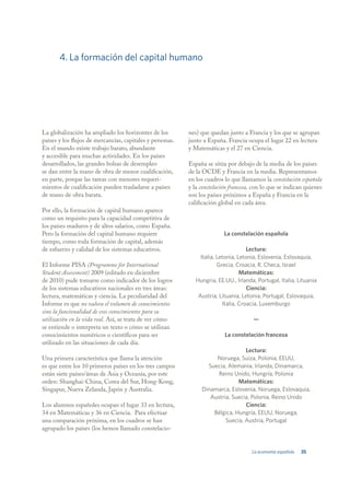 4. La formación del capital humano




La globalización ha ampliado los horizontes de los         nes) que quedan junto a Francia y los que se agrupan
países y los flujos de mercancías, capitales y personas.   junto a España. Francia ocupa el lugar 22 en lectura
En el mundo existe trabajo barato, abundante               y Matemáticas y el 27 en Ciencia.
y accesible para muchas actividades. En los países
desarrollados, las grandes bolsas de desempleo             España se sitúa por debajo de la media de los países
se dan entre la mano de obra de menor cualificación,       de la OCDE y Francia en la media. Representamos
en parte, porque las tareas con menores requeri-           en los cuadros lo que llamamos la constelación española
mientos de cualificación pueden trasladarse a países       y la constelación francesa, con lo que se indican quienes
de mano de obra barata.                                    son los países próximos a España y Francia en la
                                                           calificación global en cada área.
Por ello, la formación de capital humano aparece
como un requisito para la capacidad competitiva de
los países maduros y de altos salarios, como España.
Pero la formación del capital humano requiere                             La constelación española
tiempo, como toda formación de capital, además
de esfuerzo y calidad de los sistemas educativos.                                    Lectura:
                                                                Italia, Letonia, Letonia, Eslovenia, Eslovaquia,
El Informe PISA (Programme for International                            Grecia, Croacia, R. Checa, Israel
Student Assessment) 2009 (editado en diciembre                                    Matemáticas:
de 2010) pude tomarse como indicador de los logros            Hungria, EE.UU., Irlanda, Portugal, Italia, Lituania
de los sistemas educativos nacionales en tres áreas:                                 Ciencia:
lectura, matemáticas y ciencia. La peculiaridad del            Austria, Lituania, Letonia, Portugal, Eslovaquia,
Informe es que no valora el volumen de conocimientos                      Italia, Croacia, Luxemburgo
sino la funcionalidad de esos conocimientos para su
utilización en la vida real. Así, se trata de ver cómo                                —
se entiende o interpreta un texto o cómo se utilizan
conocimientos numéricos o científicos para ser                            La constelación francesa
utilizado en las situaciones de cada día.
                                                                                 Lectura:
Una primera característica que llama la atención                     Noruega, Suiza, Polonia, EEUU,
es que entre los 10 primeros países en los tres campos            Suecia, Alemania, Irlanda, Dinamarca,
están siete países/áreas de Asia y Oceanía, por este                  Reino Unido, Hungría, Polonia
orden: Shanghai-China, Corea del Sur, Hong-Kong,                              Matemáticas:
Singapur, Nueva Zelanda, Japón y Australia.                     Dinamarca, Eslovenia, Noruega, Eslovaquia,
                                                                   Austria, Suecia, Polonia, Reino Unido
Los alumnos españoles ocupan el lugar 33 en lectura,                             Ciencia:
34 en Matemáticas y 36 en Ciencia. Para efectuar                    Bélgica, Hungría, EEUU, Noruega,
una comparación próxima, en los cuadros se han                           Suecia, Austria, Portugal
agrupado los países (los hemos llamado constelacio-


                                                                                      La economía española   35
 