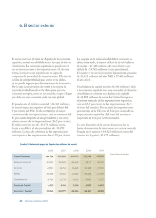 6. El sector exterior




El sector exterior, el talón de Aquiles de la economía               La mejoría en la reducción del déficit corriente se
española, mostró sus debilidades en la etapa de fuerte               debe, sobre todo, al menor déficit de la sub-balanza
crecimiento. La economía española no puede crecer                    de rentas (-21.448 millones de euros frente a un
sin un fuerte recurso a las importaciones. O, de otra                déficit de -33.782 millones el año precedente).
forma, la exportación española no es capaz de                        El superávit de servicios mejoró ligeramente, pasando
compensar la voracidad de importaciones. Ello revela                 de 26.625 millones del año 2009 a 27.462 millones
la falta de competitividad que, como se ha dicho,                    el año 2010.
ya no puede lograrse por devaluaciones de la moneda.
Por lo que la moderación de costes y la mejora de                    Una balanza de capital positiva (6.492 millones) dejó
la productividad han de ser la clave para que una                    a la economía española con una necesidad de financia-
economía europea, como es la española, ocupe el lugar                ción (balanza corriente más balanza de capital)
que debe en una economía cada vez más global.                        de 41.182 millones de euros.La Unión Europea es
                                                                     el primer mercado de las exportaciones españolas,
El pasado año el déficit comercial (-46.361 millones                 con un 67,6 por ciento de las exportaciones (32,3
de euros) seguía en negativo, si bien por debajo del                 al resto del mundo). Por su parte las importaciones
5 por ciento del PIB. A ello contribuyó el mayor                     procedentes de la UE eran el 54,6 por ciento de las
crecimiento de las exportaciones, con un aumento del                 importaciones españolas (del resto del mundo se
17 por ciento respecto al año precedente y un creci-                 importaba el 45,6 por ciento restante).
miento menor de las importaciones (14,2 por ciento).
El saldo corriente era de -47.674 millones euros,                    Lo más llamativo de la cuenta financiera fue la
frente a un déficit el año precedente de -58.299                     fuerte desinversión de inversiones en cartera tanto de
millones. La tasa de cobertura de las exportaciones                  España en el exterior (-64.125 millones) como del
con respecto a las importaciones fue el 78 por ciento.               exterior en España (-35.277 millones).


       Cuadro 3: Balanza de pagos de España (en millones de euros)

                                      2006       2007         2008           2009        2010
                                                                                                   Fuente: Banco de España.
 Cuenta Corriente                -84.736      -105.893     -104.412        -58.299     -47.674

 Balanza Comercial                -80.142     -89.805      -84.660          -45.111    -46.361

 Servicios                         22.143       22.152       26.625        25.328      27.462

 Rentas                          -20.938       -31.507      -33.782        -30.536     -21.448

 Transferencias                    -5.754       -6.733       -9.235         -7.980      -7.327

 Cuenta de Capital                    6.175      4.156       5.508          4.057       6.492

 Corriente + Capital              -78.561     -101.377     -98.906         -54.241     -41.182



       40    Informe Económico 2010
 
