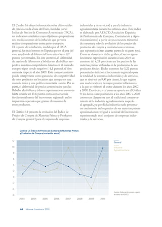 El Cuadro 16 ofrece información sobre diferenciales                industriales y de servicios) y para la industria
de precios con la Zona del Euro, medidas por el                    agroalimentaria durante los últimos años. Este índice
Índice de Precios de Consumo Armonizado (IPCA),                    es elaborado por AERCE (Asociación Española
un indicador estadístico cuyo objetivo es proporcionar             de Profesionales de Compras, Contratación y Apro-
una medida común de la inflación que permita                       visionamientos) a partir de una encuesta trimestral
realizar comparaciones entre países europeos.                      de coyuntura sobre la evolución de los precios de
El repunte de la inflación, medido por el IPCA                     productos de compra y contrataciones externas,
general, fue más intenso en España que en el área del              que suponen casi tres cuartas partes de su gasto total.
euro ampliando el diferencial hasta situarlo en 0,7                Como se observa en dicho gráfico, el sector agroa-
puntos porcentuales. En este contexto, el diferencial              limentario experimentó durante el año 2010 un
de precios de Alimentos y bebidas no alcohólicas res-              aumento del 6,23 por ciento en los precios de las
pecto a nuestros competidores directos en el mercado               materias primas utilizadas en la producción de sus
europeo sigue siendo negativo (-1,1 puntos), si bien               productos finales. Dicho aumento fue 3,22 puntos
aumenta respecto al año 2009. Este comportamiento                  porcentuales inferior al incremento registrado para
puede interpretarse como ganancias de competitividad               la totalidad de empresas industriales y de servicios,
de estos productos en los países que comparten una                 que se situó en un 9,45 por ciento, lo que sugiere
moneda única y una política monetaria común. Por su                una moderación en la mayor presión inflacionista
parte, el diferencial de precios armonizados para las              a la que se enfrentó el sector durante los años 2007
Bebidas alcohólicas y tabaco experimenta un aumento                y 2008. En efecto, y tal como se aprecia en el Gráfico
hasta situarse en 11,6 puntos como consecuencia                    9, los datos correspondientes a los años 2007 a 2008
fundamentalmente del incremento registrado en los                  contrastan claramente con el tradicional comporta-
impuestos especiales que gravan el consumo de                      miento de la industria agroalimentaria respecto
estos productos.                                                   al agregado, ya que dicha industria suele presentar
                                                                   un crecimiento en los precios de sus materias primas
El Gráfico 12 presenta la evolución del Índice de                  aproximadamen-te igual a la mitad del incremento
Precios de Compra de Materias Primas y Productos                   experimentado en el conjunto de empresas indus-
de Compra general (para el conjunto de empresas                    triales y de servicios.


      Gráfico 12: Índice de Precios de Compra de Materias Primas
      y Productos de Compra (variación anual)


12
                                                                                                 General
10                                                                                               Industria
                                                                                                 Agroalimentaria
8

6

4

2

0

-2

-4
                                                                                                 Fuente: Elaboración propia a partir
-6                                                                                               de datos de AERCE.

      2003       2004       2005       2006        2007       2008        2009       2010



      68     Informe Económico 2010
 