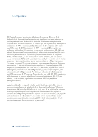 1. Empresas




El Cuadro 1 presenta la evolución del número de empresas del sector de la
industria de la alimentación y bebidas durante los últimos tres años, así como su
detalle por subsectores. Al analizar la evolución del número de empresas en el
conjunto de la industria alimentaria, se observa que, tras la pérdida de 386 empresas
entre enero de 2007 y enero de 2008 y el descenso de 456 empresas entre enero
de 2008 y enero de 2009, entre enero de 2009 y enero de 2010 se registra una
reducción adicional de 389 empresas, lo que supone un decremento del -1,29 por
ciento. Si se examina el comportamiento por subsectores, durante el año 2010 tres
de ellos experimentaron un crecimiento porcentual en el número de empresas:
frutas y hortalizas (el 3,11 por ciento con 44 nuevas empresas, tras una pérdida
de 22 empresas en 2009), aceite (que se expendió un 1,69 por ciento, con 27 nuevas
empresas) y alimentación animal (que se incrementó en un 1,53 por ciento, con
14 nuevas empresas). El resto de subsectores registran una reducción en el número
de empresas. El más afectado en términos absolutos es el otros alimentos (335
empresas, lo que representa una caída del -2,41 por ciento), seguido de la cárnica
(50 empresas, una reducción del -1,14 por ciento) y pescados (38 empresas, una
disminución del -5,18 por ciento). Por último, el subsector de bebidas registró
en 2010 una merma de 37 empresas (lo que implica una caída del -0.78 por ciento),
el de lácteos vio su número reducido en 9 empresas (un descenso del -0,57 por
ciento) y el de molinería experimentó un descenso del -0,81 por ciento
(5 empresas menos).

A partir del Cuadro 1, se puede estudiar la distribución porcentual del número
de empresas en el sector de la industria de la alimentación y bebidas. Tal y como
se aprecia en el Cuadro 2 y el Gráfico 1, en 2010 cerca de la mitad de las empresas
se recogen bajo el epígrafe de otros productos alimenticios (si bien registra un
descenso de -0,51 puntos porcentuales respecto a su peso relativo en 2009), seguido
de la elaboración de bebidas (16, 84 por ciento, con un incremento del nueve
centésimas en su participación respecto a 2009) y de la industria cárnica (14,48
por ciento, ganando dos centésimas en su peso total).




       76   Informe Económico 2010
 