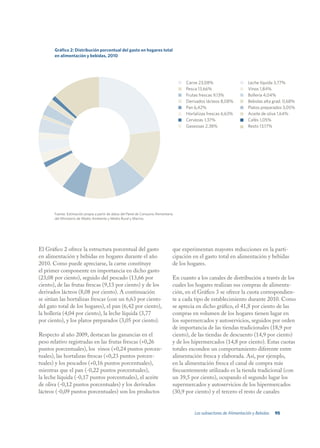 Gráfico 2: Distribución porcentual del gasto en hogares total
       en alimentación y bebidas, 2010




                                                                                        Carne 23,08%                     Leche líquida 3,77%
                                                                                        Pesca 13,66%                     Vinos 1,84%
                                                                                        Frutas frescas 9,13%             Bollería 4,04%
                                                                                        Derivados lácteos 8,08%          Bebidas alta grad. 0,68%
                                                                                        Pan 6,42%                        Platos preparados 3,05%
                                                                                        Hortalizas frescas 6,63%         Aceite de oliva 1,64%
                                                                                        Cervezas 1,37%                   Cafés 1,05%
                                                                                        Gaseosas 2,38%                   Resto 13,17%




       Fuente: Estimación propia a partir de datos del Panel de Consumo Alimentario
       del Ministerio de Medio Ambiente y Medio Rural y Marino.




El Gráfico 2 ofrece la estructura porcentual del gasto                            que experimentan mayores reducciones en la parti-
en alimentación y bebidas en hogares durante el año                               cipación en el gasto total en alimentación y bebidas
2010. Como puede apreciarse, la carne constituye                                  de los hogares.
el primer componente en importancia en dicho gasto
(23,08 por ciento), seguido del pescado (13,66 por                                En cuanto a los canales de distribución a través de los
ciento), de las frutas frescas (9,13 por ciento) y de los                         cuales los hogares realizan sus compras de alimenta-
derivados lácteos (8,08 por ciento). A continuación                               ción, en el Gráfico 3 se ofrece la cuota correspondien-
se sitúan las hortalizas frescas (con un 6,63 por ciento                          te a cada tipo de establecimiento durante 2010. Como
del gato total de los hogares), el pan (6,42 por ciento),                         se aprecia en dicho gráfico, el 41,8 por ciento de las
la bollería (4,04 por ciento), la leche líquida (3,77                             compras en volumen de los hogares tienen lugar en
por ciento), y los platos preparados (3,05 por ciento).                           los supermercados y autoservicios, seguidos por orden
                                                                                  de importancia de las tiendas tradicionales (18,9 por
Respecto al año 2009, destacan las ganancias en el                                ciento), de las tiendas de descuento (14,9 por ciento)
peso relativo registradas en las frutas frescas (+0,26                            y de los hipermercados (14,8 por ciento). Estas cuotas
puntos porcentuales), los vinos (+0,24 puntos porcen-                             totales esconden un comportamiento diferente entre
tuales), las hortalizas frescas (+0,23 puntos porcen-                             alimentación fresca y elaborada. Así, por ejemplo,
tuales) y los pescados (+0,16 puntos porcentuales),                               en la alimentación fresca el canal de compra más
mientras que el pan (-0,22 puntos porcentuales),                                  frecuentemente utilizado es la tienda tradicional (con
la leche líquida (-0,17 puntos porcentuales), el aceite                           un 39,5 por ciento), ocupando el segundo lugar los
de oliva (-0,12 puntos porcentuales) y los derivados                              supermercados y autoservicios de los hipermercados
lácteos (-0,09 puntos porcentuales) son los productos                             (30,9 por ciento) y el tercero el resto de canales


                                                                                            Los subsectores de Alimentación y Bebidas   95
 