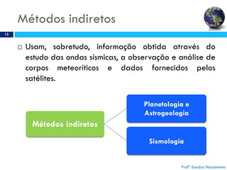 Métodos indiretos
15
 Usam, sobretudo, informação obtida através do
estudo das ondas sísmicas, a observação e análise de
corpos meteoríticos e dados fornecidos pelos
satélites.
Métodos indiretos
Planetologia e
Astrogeologia
Sismologia
Profª Sandra Nascimento
 