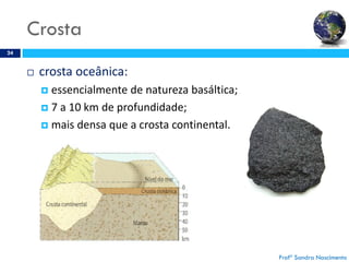 Crosta
24
 crosta oceânica:
 essencialmente de natureza basáltica;
 7 a 10 km de profundidade;
 mais densa que a crosta continental.
Profª Sandra Nascimento
 