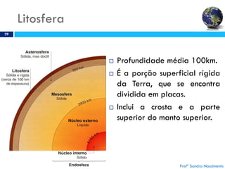 Litosfera
29
 Profundidade média 100km.
 É a porção superficial rígida
da Terra, que se encontra
dividida em placas.
 Inclui a crosta e a parte
superior do manto superior.
Profª Sandra Nascimento
 