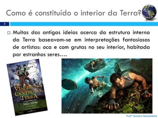 Como é constituído o interior da Terra?
3
 Muitas das antigas ideias acerca da estrutura interna
da Terra baseavam-se em interpretações fantasiosas
de artistas: oca e com grutas no seu interior, habitada
por estranhos seres….
Profª Sandra Nascimento
 