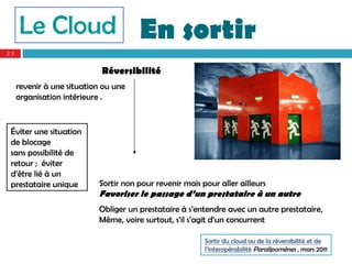 Le Cloud En sortir
23


                            Réversibilité
     revenir à une situation ou une
     organisation intérieure .


 Éviter une situation
 de blocage
 sans possibilité de
 retour ; éviter
 d’être lié à un
 prestataire unique        Sortir non pour revenir mais pour aller ailleurs
                           Favoriser le passage d’un prestataire à un autre
                           Obliger un prestataire à s’entendre avec un autre prestataire,
                           Même, voire surtout, s’il s’agit d’un concurrent

                                                         Sortir du cloud ou de la réversibilité et de
                                                         l’interopérabilité Paralipomènes , mars 2011
 