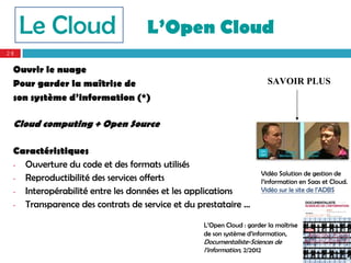 Le Cloud                    L’Open Cloud
28

 Ouvrir le nuage
 Pour garder la maîtrise de                                          SAVOIR PLUS
 son système d’information (*)

 Cloud computing + Open Source

 Caractéristiques
 - Ouverture du code et des formats utilisés
                                                                   Vidéo Solution de gestion de
 - Reproductibilité des services offerts                           l’information en Saas et Cloud.
 - Interopérabilité entre les données et les applications          Vidéo sur le site de l’ADBS

 - Transparence des contrats de service et du prestataire …

                                               L’Open Cloud : garder la maîtrise
                                               de son système d’information,
                                               Documentaliste-Sciences de
                                               l’information, 2/2012
 