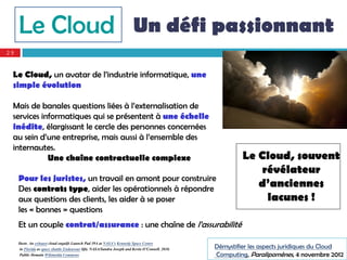 Le Cloud Un défi passionnant
      Un défi
29


 Le Cloud, un avatar de l’industrie informatique, une
 simple évolution

 Mais de banales questions liées à l’externalisation de
 services informatiques qui se présentent à une échelle
 inédite, élargissant le cercle des personnes concernées
 au sein d’une entreprise, mais aussi à l’ensemble des
 internautes.
            Une chaîne contractuelle complexe                                                               Le Cloud, souvent
                                                                                                               révélateur
     Pour les juristes, un travail en amont pour construire
     Des contrats type, aider les opérationnels à répondre
                                                                                                               d’anciennes
     aux questions des clients, les aider à se poser                                                            lacunes !
     les « bonnes » questions
     Et un couple contrat/assurance : une chaîne de l’assurabilité
     llustr. An exhaust cloud engulfs Launch Pad 39A at NASA’s Kennedy Space Centre
      in Florida as space shuttle Endeavour lift). NASA/Sandra Joseph and Kevin O’Connell. 2010.   Démystifier les aspects juridiques du Cloud
      Public Domain Wikimédia Commons                                                              Computing, Paralipomènes, 4 novembre 2012
 