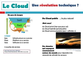 Le Cloud                                                    Une révolution technique ?
7
           Un peu de jargon
                                                                 Du Cloud public … le plus naturel

                                                                 Mais aussi
                                                                 du Cloud privé (rien que pour soi)
                                                                 du Cloud hybride (privé/public)
                                                                 du Cloud communautaire (par « affinités »)


    Iaas              Infrastructure as a service
    Paas              Platform as a service
    Saas              Software as a service

    3 couches de services                                        Des données
                                                                 qui voyagent                     Etang du Méjean. Photos de F. Moreno,
    SaaS, PaaS, IaaS, Cloud : définitions,
    François Daniel Giezendanner, SMS, SPIP, 10 mars 2010
                                                                 constamment                                               CC by-nc-nd
                                                                 autour du monde pour répondre à la
                                                                 nécessité de refroidir les serveurs
 