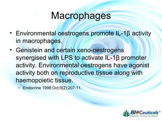 Macrophages
• Environmental oestrogens promote IL-1β activity
in macrophages.
• Genistein and certain xeno-oestrogens
synergised with LPS to activate IL-1β promoter
activity. Environmental oestrogens have agonist
activity both on reproductive tissue along with
haemopoietic tissue.
– Endocrine 1998 Oct;9(2):207-11.
 