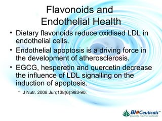 Flavonoids and
Endothelial Health
• Dietary flavonoids reduce oxidised LDL in
endothelial cells.
• Endothelial apoptosis is a driving force in
the development of atherosclerosis.
• EGCG, hesperetin and quercetin decrease
the influence of LDL signalling on the
induction of apoptosis.
– J Nutr. 2008 Jun;138(6):983-90.
 