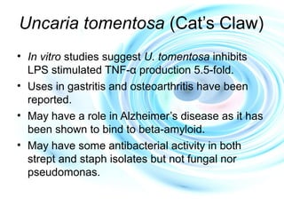 Uncaria tomentosa (Cat’s Claw)
• In vitro studies suggest U. tomentosa inhibits
LPS stimulated TNF-α production 5.5-fold.
• Uses in gastritis and osteoarthritis have been
reported.
• May have a role in Alzheimer’s disease as it has
been shown to bind to beta-amyloid.
• May have some antibacterial activity in both
strept and staph isolates but not fungal nor
pseudomonas.
 