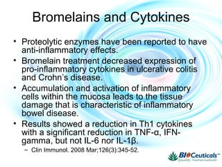 Bromelains and Cytokines
• Proteolytic enzymes have been reported to have
anti-inflammatory effects.
• Bromelain treatment decreased expression of
pro-inflammatory cytokines in ulcerative colitis
and Crohn’s disease.
• Accumulation and activation of inflammatory
cells within the mucosa leads to the tissue
damage that is characteristic of inflammatory
bowel disease.
• Results showed a reduction in Th1 cytokines
with a significant reduction in TNF-α, IFN-
gamma, but not IL-6 nor IL-1β.
– Clin Immunol. 2008 Mar;126(3):345-52.
 