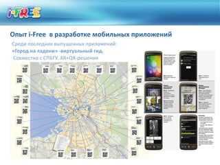 Опыт i-Free в разработке мобильных приложений
Среди последних выпущенных приложений:
«Город на ладони» -виртуальный гид.
Совместно с СПБГУ. AR+QR-решения

Авиабилет по выгодной цене в любой момент!
Билет на самолет в два клика.
 