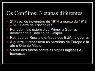 Os Conflitos: 3 etapas diferentes 2ª Fase: de novembro de 1914 a março de 1918 – “A Guerra de Trincheiras” Período mais extenso da Primeira Guerra, destacando a Batalha de Galípoli; Retirada da Rússia e entrada dos EUA na guerra; A guerra ultrapassava as barreiras da Europa e ia até o Oriente Médio; Vitória dos turcos contra as tropas inglesas e francesas; 