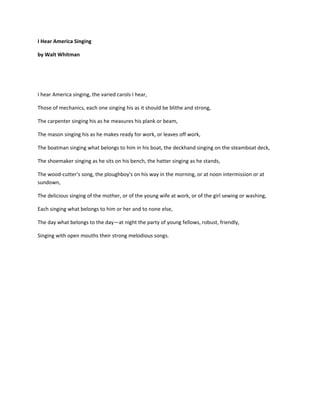 IHearAmericaSinging
byWaltWhitman


IhearAmericasinging,thevariedcarolsIhear,
Thoseofmechanics,eachonesinginghisasitshouldbeblitheandstrong,
Thecarpentersinginghisashemeasureshisplankorbeam,
Themasonsinginghisashemakesreadyforwork,orleavesoffwork,
Theboatmansingingwhatbelongstohiminhisboat,thedeckhandsingingonthesteamboatdeck,
Theshoemakersingingashesitsonhisbench,thehattersingingashestands,
Thewood‐cutter'ssong,theploughboy'sonhiswayinthemorning,oratnoonintermissionorat
sundown,
Thedelicioussingingofthemother,oroftheyoungwifeatwork,orofthegirlsewingorwashing,
Eachsingingwhatbelongstohimorherandtononeelse,
Thedaywhatbelongstotheday—atnightthepartyofyoungfellows,robust,friendly,
Singingwithopenmouthstheirstrongmelodioussongs.
 