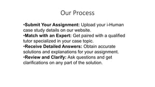 Our Process
•Submit Your Assignment: Upload your i-Human
case study details on our website.
•Match with an Expert: Get paired with a qualified
tutor specialized in your case topic.
•Receive Detailed Answers: Obtain accurate
solutions and explanations for your assignment.
•Review and Clarify: Ask questions and get
clarifications on any part of the solution.
 
