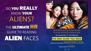 DO YOU REALLY
KNOW YOUR
ALIENS?
THE ULTIMATE HR
GUIDE TO READING
ALIEN FACES THE ONLY GUIDE YOU NEED.
ALIEN FACE READING MASTERCLASS
FROM ZERO TO HERO
ETC ETC
By Dr North W Phd, Dr East W PhD,
Dr South W PhD & Dr West W PhD
(Foreword by Oz The Big Cat)
 