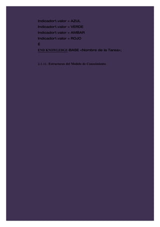 Indicador1.valor = AZUL
Indicador1.valor = VERDE
Indicador1.valor = AMBAR
Indicador1.valor = ROJO
…
END KNOWLEDGE-BASE <Nombre de la Tarea>;



2.1.11. Estructuras del Modelo de Conocimiento
 