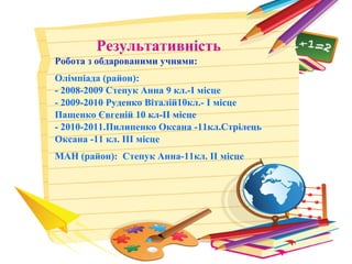 Результативність
Робота з обдарованими учнями:
Олімпіада (район):
- 2008-2009 Степук Анна 9 кл.-I місце
- 2009-2010 Руденко Віталій10кл.- I місце
Пащенко Євгеній 10 кл-II місце
- 2010-2011.Пилипенко Оксана -11кл.Стрілець
Оксана -11 кл. III місце
МАН (район): Степук Анна-11кл. II місце
 