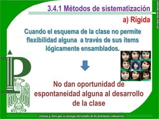 3.4.1 Métodos de sistematización
                               a) Rígida
Cuando el esquema de la clase no permite
 flexibilidad alguna a través de sus items
         lógicamente ensamblados.




        No dan oportunidad de
   espontaneidad alguna al desarrollo
              de la clase
 