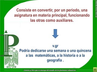Consiste en convertir, por un periodo, una
asignatura en materia principal, funcionando
         las otras como auxiliares.




                       v.gr
   Podría dedicarse una semana o una quincena
      a las matemáticas, a la historia o a la
                    geografía .
 