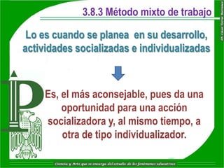 3.8.3 Método mixto de trabajo

 Lo es cuando se planea en su desarrollo,
actividades socializadas e individualizadas



     Es, el más aconsejable, pues da una
         oportunidad para una acción
     socializadora y, al mismo tiempo, a
         otra de tipo individualizador.
 