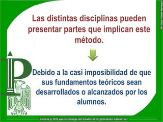 Las distintas disciplinas pueden
presentar partes que implican este
             método.


 Debido a la casi imposibilidad de que
   sus fundamentos teóricos sean
  desarrollados o alcanzados por los
               alumnos.
 