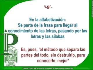 v.gr.

          En la alfabetización:
    Se parte de la frase para llegar al
conocimiento de las letras, pasando por las
           letras y las sílabas

      Es, pues, „el método que separa las
      partes del todo, sin destruirlo, para
               conocerlo mejor‟
 