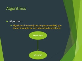 Algoritmos
Algoritmo
Algoritmo é um conjunto de passos (ações) que
levam à solução de um determinado problema.
PROBLEMA
SOLUÇÃO