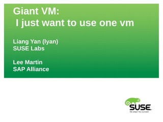 Giant VM:
I just want to use one vm
Liang Yan (lyan)
SUSE Labs
Lee Martin
SAP Alliance
 
