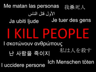I KILL PEOPLE 我杀死人 Me matan las personas Ich Menschen töten 私は人を殺す I uccidere persone Je tuer des gens الأول قتل الناس I  σκοτώνουν ανθρώπους 난 사람을 죽이지 Ja ubiti ljude 