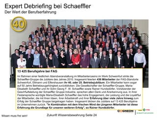 Expert Debriefing bei Schaeffler
  Der Wert der Berufserfahrung




             13 425 Berufsjahre bei FAG
             Im Rahmen einer festlichen Abendveranstaltung im Mitarbeitercasino im Werk Schweinfurt ehrte die
             Schaeffler-Gruppe die Jubilare des Jahres 2010. Insgesamt feierten 436 Mitarbeiter der FAG-Standorte
             Schweinfurt, Eltmann und Elfershausen ihr 40. oder 25. Betriebsjubiläum. Ein Mitarbeiter kann sogar auf
             50 Jahre Betriebszugehörigkeit zurückblicken. Die Gesellschafter der Schaeffler-Gruppe, Maria-Elisabeth
             Schaeffler und ihr Sohn Georg F. W. Schaeffler sowie Rainer Hundsdörfer, Vorsitzender der
             Geschäftsleitung der Schaeffler Gruppe Industrie, sprachen allen Dank und Anerkennung aus. In ihrer
             Festansprache würdigte Maria-Elisabeth Schaeffler das hohe Engagement, die Leistung und die Loyalität
             der Mitarbeiter, die mit ihren Ideen, ihrer Arbeitskraft und ihrer Erfahrung über viele Jahre hinweg zum
             Erfolg der Schaeffler Gruppe beigetragen haben. Insgesamt blicken die Jubilare auf 13 425 Berufsjahre im
             Unternehmen zurück. "In Kombination mit dem frischen Wind der jüngeren Mitarbeiter ist diese
             Erfahrung die Grundlage für unseren weiteren Erfolg", so Rainer Hundsdörfer.


Wissen muss frei sein!                Zukunft Wissensbewahrung Seite 24
 