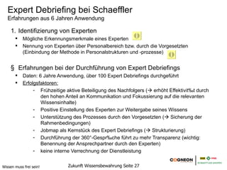Expert Debriefing bei Schaeffler
   Erfahrungen aus 6 Jahren Anwendung

    1. Identifizierung von Experten
            Mögliche Erkennungsmerkmale eines Experten
            Nennung von Experten über Personalbereich bzw. durch die Vorgesetzten
            (Einbindung der Methode in Personalstrukturen und -prozesse)


    2. Erfahrungen bei der Durchführung von Expert Debriefings
            Daten: 6 Jahre Anwendung, über 100 Expert Debriefings durchgeführt
            Erfolgsfaktoren:
                 - Frühzeitige aktive Beteiligung des Nachfolgers ( erhöht Effektivität durch
                    den hohen Anteil an Kommunikation und Fokussierung auf die relevanten
                    Wissensinhalte)
                 - Positive Einstellung des Experten zur Weitergabe seines Wissens
                 - Unterstützung des Prozesses durch den Vorgesetzten ( Sicherung der
                    Rahmenbedingungen)
                 - Jobmap als Kernstück des Expert Debriefings ( Strukturierung)
                 - Durchführung der 360°  -Gespräche führt zu mehr Transparenz (wichtig:
                    Benennung der Ansprechpartner durch den Experten)
                 - keine interne Verrechnung der Dienstleistung


Wissen muss frei sein!          Zukunft Wissensbewahrung Seite 27
 