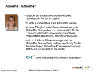 Annette Hußnetter

                         Studium der Betriebswirtschaftslehre (FH),
                         Schwerpunkt Personal/ Logistik
                         in 2006 Berufseinstieg in die Schaeffler Gruppe
                         4 Jahre Tätigkeit in der Personalentwicklung der
                         Schaeffler Gruppe (hier u.a. verantwortlich für die
                         Themen: Mitarbeiter-Entwicklungs-Gespräch,
                         Vorgesetzten-Beurteilung, Trainingsorganisation)
                         seit ca. 1 Jahr im Wissensmanagement der
                         Schaeffler Gruppe tätig und hier zuständig für die
                         Methode Expert Debriefing (Prozessverantwortung,
                         Betreuung der deutschen Standorte)


                                   www.xing.com/profile/Annette_Hussnetter




Wissen muss frei sein!      Zukunft Wissensbewahrung Seite 3
 