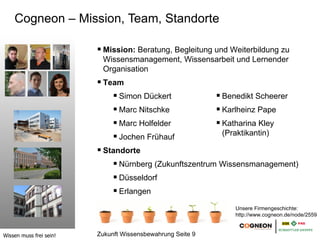 Cogneon – Mission, Team, Standorte

                          Mission: Beratung, Begleitung und Weiterbildung zu
                          Wissensmanagement, Wissensarbeit und Lernender
                          Organisation
                          Team
                               Simon Dückert                Benedikt Scheerer
                               Marc Nitschke                Karlheinz Pape
                               Marc Holfelder               Katharina Kley
                               Jochen Frühauf               (Praktikantin)

                          Standorte
                               Nürnberg (Zukunftszentrum Wissensmanagement)
                               Düsseldorf
                               Erlangen

                                                               Unsere Firmengeschichte:
                                                               http://www.cogneon.de/node/2559


Wissen muss frei sein!   Zukunft Wissensbewahrung Seite 9
 
