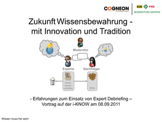 Zukunft Wissensbewahrung -
                         mit Innovation und Tradition
                                                                       ?       ?
                                                    Moderator          ?       ?
                                                                           ?




                                         Experte          Nachfolger



                                          Hinter-
                                          lassen-
                                         schaften           Erbe



                         - Erfahrungen zum Einsatz von Expert Debriefing –
                               Vortrag auf der i-KNOW am 08.09.2011


Wissen muss frei sein!
 