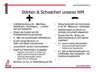 www.forsttechnik.at



         Stärken & Schwächen unseres WM

Umfeldentwicklung (Ku B
                    - edürfnisse,          Wenig Systematik und Instrumente
                                           Stimme            Stimme

Wettbewerb, Technologien, …) werden
                                Umfeld     in1 der 2Wi- 3E voll zu & –weitergabe
                                           nicht zu
                                                          rfassung
                                                               4
sehr gut beobachtet             4
                                           Expertenwissen ist oftmals nur
            Soll       Ist
Wissen des Kunden wird für                 einmalig und schlecht abgesichert
Produktentwicklung gut genutzt         3   Struktur des File Srvers und
                                                           - e
-
U K
  ultur mit ausreichender Fehlertoleranz   Datenverwaltung ist nicht optimal
Es gibt wenige Barrieren um            2
                                           organisiert
        Datenebene                                  Organisation
Ideen und Wissen auszutauschen             z.T. wird zu wenig dokumentiert
„Ausreichend“ persönl. Kommunikation           Wissensverlust/Vergesslichkeit
                                 1             Probleme bei Abwesenheit
Zugriff auf Wissen/Daten ist gegeben
    Experten sind „leicht“ zu finden und
                                           z.T. gibt es Überschneidungen und
    geben rasch & kompetent Auskunft       Unklarheiten über Kompetenz und
                                                                       -
    relevante Datenquellen stehen          Verantwortungsbereiche
    jedem MA zur Verfügung                 …
Bemühen um Aus & Weiterbildung der MA
              -
           Prozessebene                     Wissensebene
…                                                                  One step further.
 