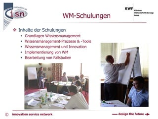 WM-Schulungen

        Inhalte der Schulungen
            Grundlagen Wissensmanagement
            Wissensmanagement-Prozesse & -Tools
            Wissensmanagement und Innovation
            Implementierung von WM
            Bearbeitung von Fallstudien




©   innovation service network                    design the future
 