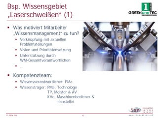 Bsp. Wissensgebiet
 „Laserschweißen“ (1)
 § Was motiviert Mitarbeiter
   „Wissensmanagement“ zu tun?
        § Verknüpfung mit aktuellen
          Problemstellungen
        § Vision und Prioritätensetzung
        § Unterstützung durch
          WM-Gesamtverantwortlichen
        § …

 § Kompetenzteam:
        § Wissensverantwortlicher: PMa
        § Wissensträger: PMa, Technologe
                         TP, Meister & AV
                         KHo, Maschinenbediener &
                              -einsteller


© 2006 ISN                                17
 