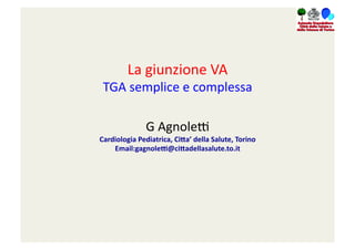 La	
  giunzione	
  VA
	
  

TGA	
  semplice	
  e	
  complessa
	
  
G	
  Agnole4
	
  

Cardiologia	
  Pediatrica,	
  Ci/a’	
  della	
  Salute,	
  Torino
	
  
Email:gagnole8@ci/adellasalute.to.it

	
  

 