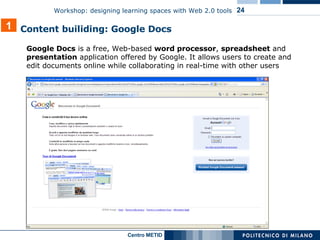 Google Docs  is a free, Web-based  word processor ,  spreadsheet  and  presentation  application offered by Google. It allows users to create and edit documents online while collaborating in real-time with other users 1 Content builiding: Google Docs 