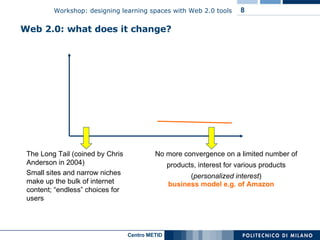 The Long Tail (coined by Chris Anderson in 2004)  Small sites and narrow niches make up the bulk of internet content; “endless” choices for users No more convergence on a limited number of products, interest for various products  ( personalized interest ) business model e.g. of Amazon Web 2.0: what does it change? 