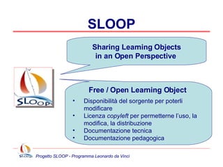 SLOOP Sharing Learning Objects in an Open Perspective  Free / Open Learning Object   Disponibilità del sorgente per poterli modificare Licenza  copyleft  per permetterne l’uso, la modifica, la distribuzione Documentazione tecnica Documentazione pedagogica 