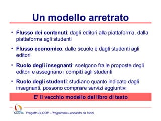 Un modello arretrato Flusso dei contenuti : dagli editori alla piattaforma, dalla piattaforma agli studenti Flusso economico : dalle scuole e dagli studenti agli editori Ruolo degli insegnanti : scelgono fra le proposte degli editori e assegnano i compiti agli studenti Ruolo degli studenti : studiano quanto indicato dagli insegnanti, possono comprare servizi aggiuntivi E’ il vecchio modello del libro di testo 