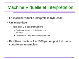 24
Machine Virtuelle et Interprétation
● La machine virtuelle interprète le byte-code
● Un interpréteur :
– Tant qu'il y a des instructions
● On lit une instruction de byte-code
Ex: iadd
● On effectue l'opération correspondante
● Problème : facteur 1 à 1000 par rapport à du code
compilé en assembleur.
 