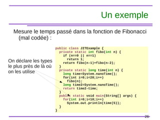 26
Un exemple
Mesure le temps passé dans la fonction de Fibonacci
(mal codée) :
public class JITExample {
private static int fibo(int n) {
if (n==0 || n==1)
return 1;
return fibo(n-1)+fibo(n-2);
}
private static long time(int n) {
long time=System.nanoTime();
for(int i=0;i<20;i++)
fibo(n);
long time2=System.nanoTime();
return time2-time;
}
public static void main(String[] args) {
for(int i=0;i<10;i++)
System.out.println(time(5));
}
}
On déclare les types
le plus près de là où
on les utilise
 