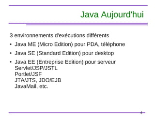 4
Java Aujourd'hui
3 environnements d'exécutions différents
● Java ME (Micro Edition) pour PDA, téléphone
● Java SE (Standard Edition) pour desktop
● Java EE (Entreprise Edition) pour serveur
Servlet/JSP/JSTL
Portlet/JSF
JTA/JTS, JDO/EJB
JavaMail, etc.
 